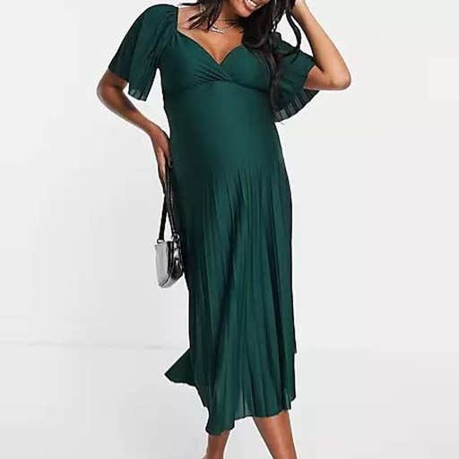 asos.com, ASOS Design Maternity Pleated Twist Back Cap Sleeve Midi Dress In Forest Green