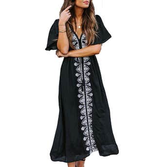 Bsubseach Black V Neck Embroidered Dress