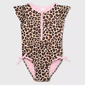 Cat & Jack Leopard Print Zip-Front Flutter Sleeve One Piece Swimsuit