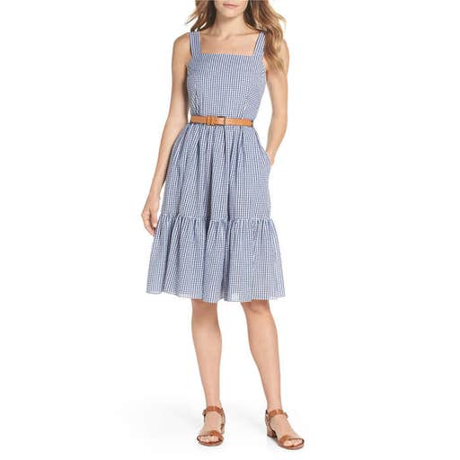 nordstrom.com, Eliza J Ruffle Hem Seersucker Check Fit & Flare Dress