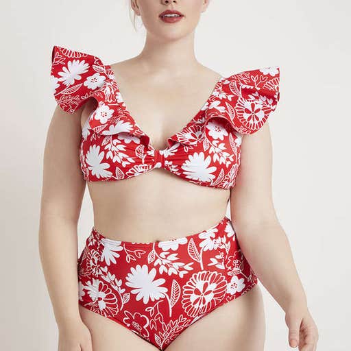 eloquii.com, Eloquii Drama Ruffle Bikini Top and Eloquii Ruched Bikini Bottom