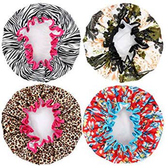 Esarora Waterproof Double Layer Satin-Lined Shower Cap 4 Pack
