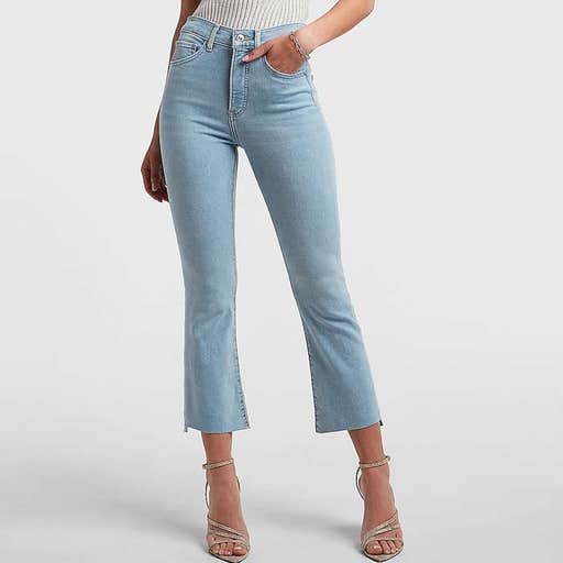 express.com, Express High Waisted Light Wash Raw Hem Cropped Supersoft Flare Jeans
