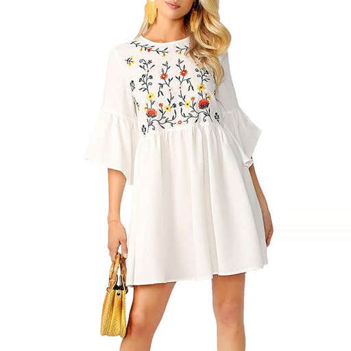 amazon.com, Floerns Embroidered Floral Bell Sleeve A Line Tunic Dress