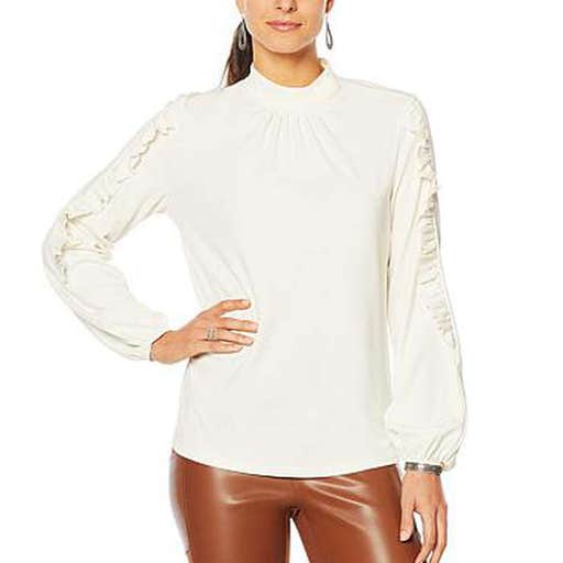 hsn.com, G By Giuliana Stretch Crepe Mock-Neck Top With Ruffle Sleeve