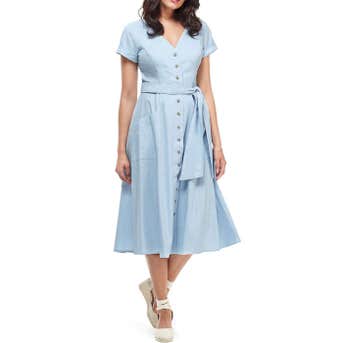 Gal Meets Glam Collection Vanessa Button Front Linen Blend Midi Dress