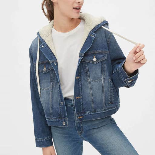 gap.com, Gap Sherpa-Lined Crop Denim Hoodie Jacket