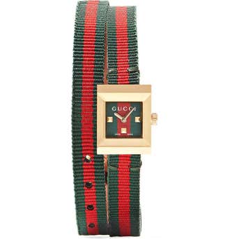 Gucci Striped Canvas, Leather and Gold-tone Watch