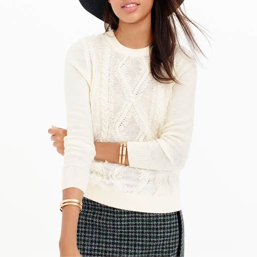 jcrew.com, J. Crew Cable Crewneck Sweater with Fringe