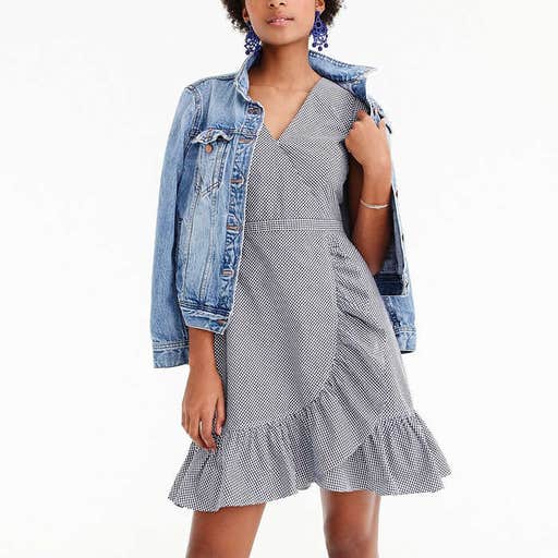 jcrew.com, J.Crew Faux-Wrap Mini Dress In Gingham Cotton Poplin