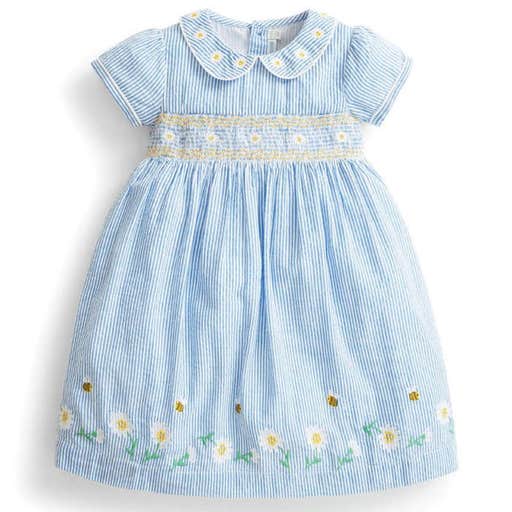 jojomamanbebe.com, JoJo Maman Bebe Blue Stripe Daisy Smocked Dress