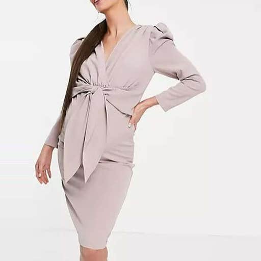 asos.com, Little Mistress Maternity Puff Shoulder Tie Front Detail Midi Dress In Mink