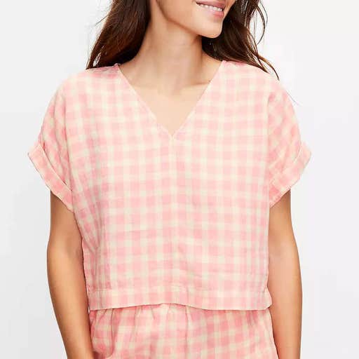 loft.com, Lou & Grey Gingham Linen V-Neck Top