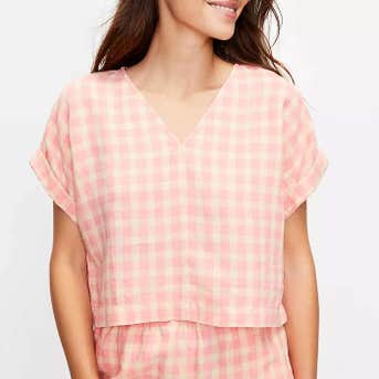 Lou & Grey Gingham Linen V-Neck Top