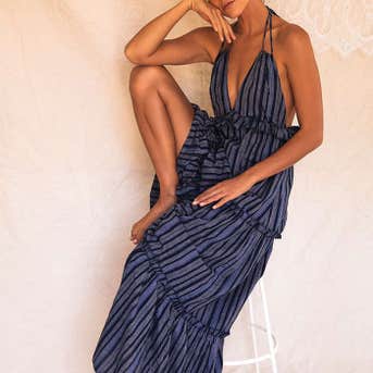 Lulu's Vacay Babe Striped Halter Maxi Dress