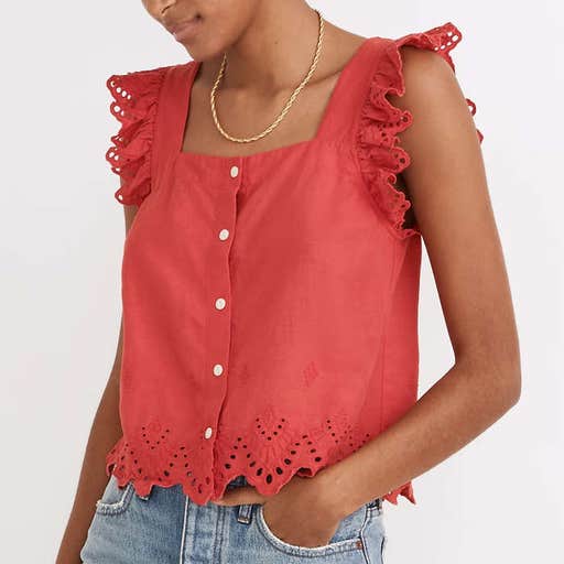 madewell.com, Madewell Eyelet Ruffle-Strap Button-Up Tank Top
