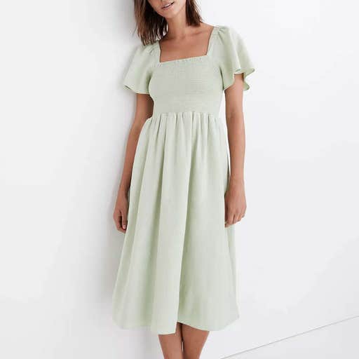 madewell.com, Madewell Linen-Blend Lucie Smocked Midi Dress
