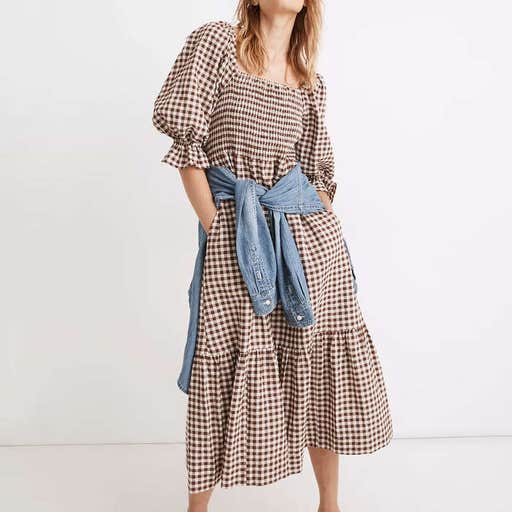madewell.com, Madewell Lucie Elbow-Sleeve Smocked Midi Dress In Gingham