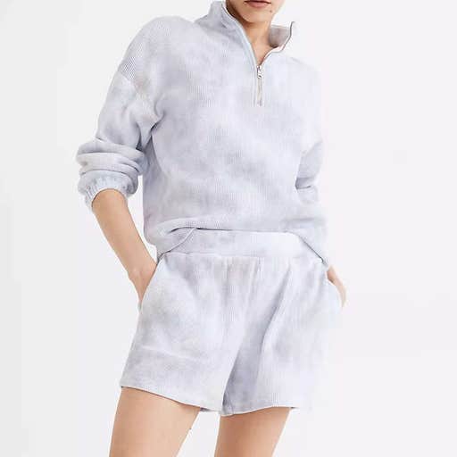 madewell.com, Madewell MWL Waffle Half-Zip Shirttail Sweatshirt And Waffle Pull-On Sweatshorts In Tie-Dye