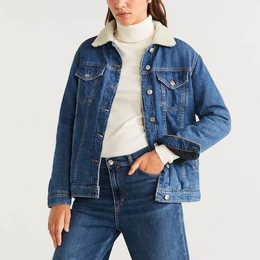 mango.com, Mango Faux Shearling-Lined Denim Jacket