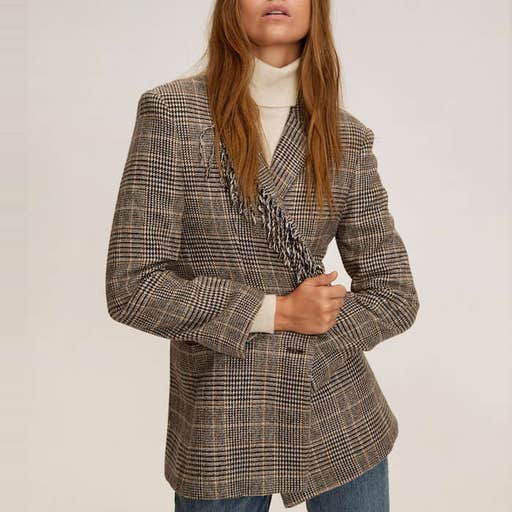 mango.com, Mango Fringed Wool Blazer In Plaid