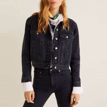 Mango Pocketed Denim Jacket In Black Denim