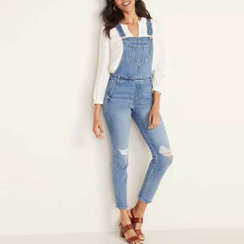 Old Navy Distressed Jean Side-Zip Overalls