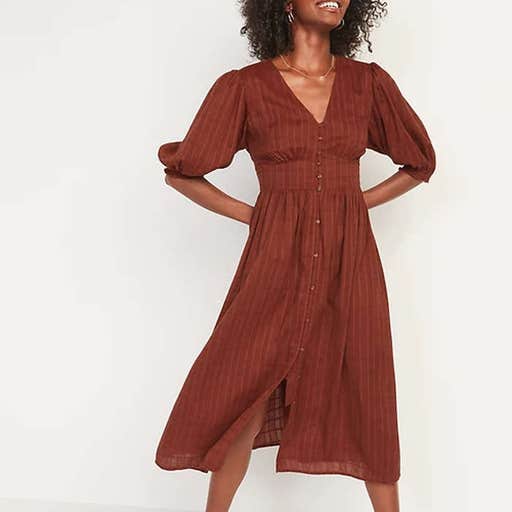 oldnavy.com, Old Navy Fit And Flare Puff-Sleeve Dobby Midi Dress