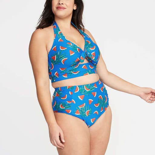 oldnavy.com, Old Navy Tie-Front Plus-Size Long-Line Halter Swim Top and High-Rise Secret-Slim Plus-Size Swim Bottoms