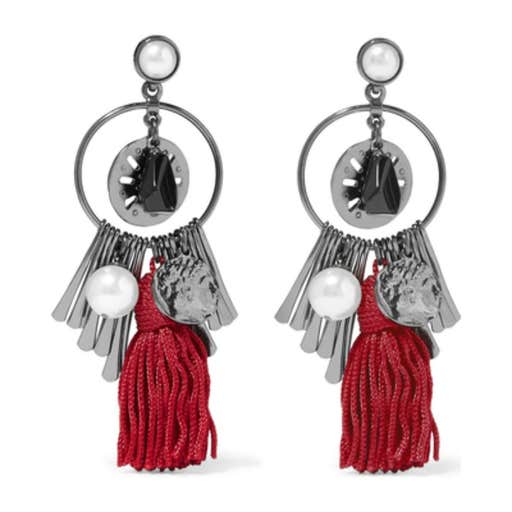 net-a-porter.com, Oscar de la Renta Tasseled gunmetal-tone, faux pearl and onyx earrings