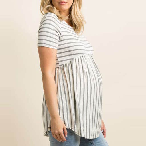 pinkblushmaternity.com, Pink Blush Grey Striped Crisscross Back Peplum Maternity Top