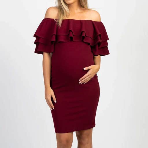 pinkblushmaternity.com, PinkBlush Layered Ruffle Off Shoulder Fitted Maternity Dress