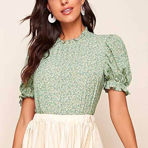 amazon.com, Romwe Floral Print Ruffle Short Sleeve Top