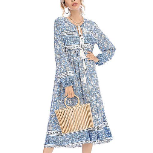 amazon.com, R.Vivimos Long Sleeve Floral Print Bohemian Midi Dress