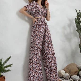 SheIn Allover Floral Twist Top & Wide Leg Pants