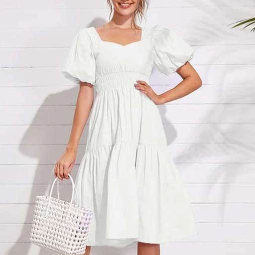 shein.com, SheIn Sweetheart Bishop Sleeve Shirred Ruffle Hem Dress