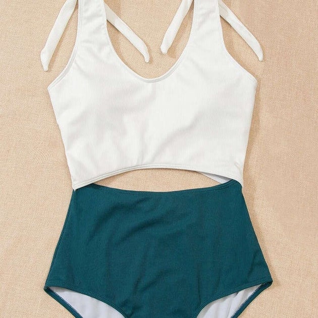 SheIn Two Tone Rib Cut-Out One Piece Swimsuit