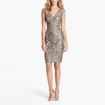 Tadashi Shoji Embellished Metallic Lace Sheath Dress