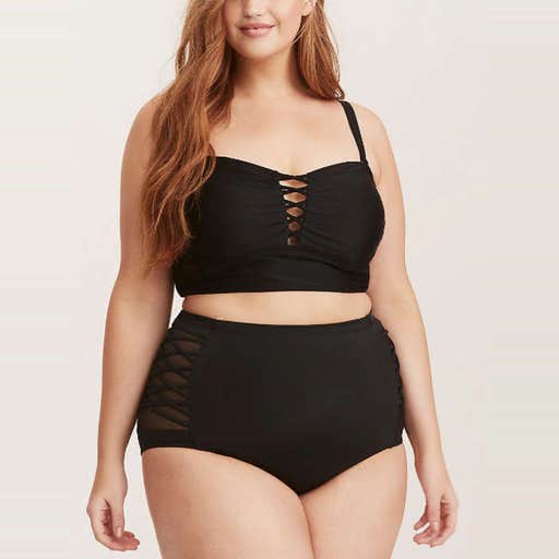 torrid.com, Torrid Black Wireless Lattice Bikini Top and Black Lattice Mesh Swim Bottom
