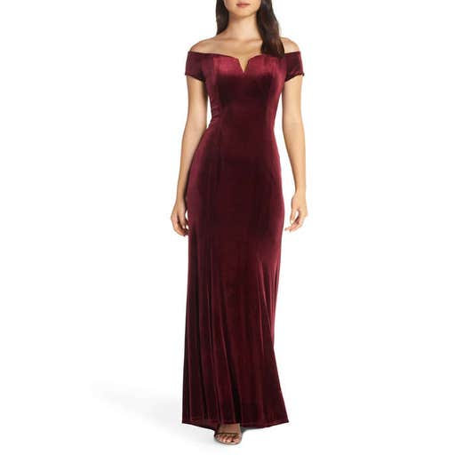 nordstrom.com, Vince Camuto Notch Neck Velvet Off the Shoulder Gown
