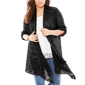 Woman Within Plus Size Open Front Cardigan Pointelle Sweater