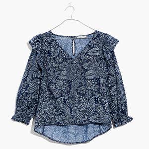 Madewell V-Neck Ruffle-Shoulder Top In Paisley Garden