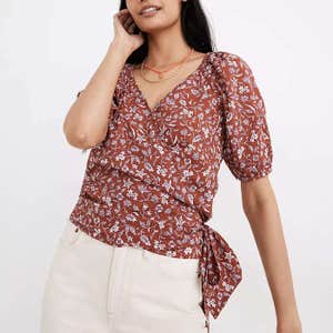 Madewell Puff-Sleeve Wrap Crop Top in Batik Vine