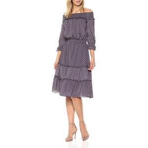 J.O.A. Off Shoulder Dot Blouson Smocking Short Sleeve Midi Dress