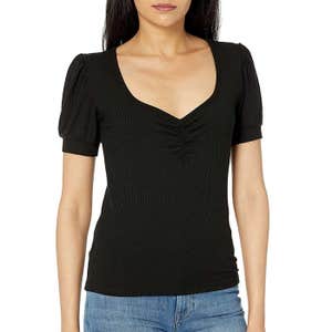 The Drop Theresa Short Puff-Sleeve Sweetheart Neck Rib Knit Top