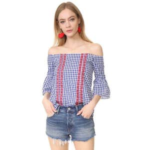 English Factory Plaid Off Shoulder Top