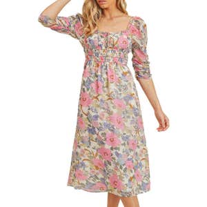 Lush 1/2 Sleeve Vintage Print Empire Waist Midi Dress