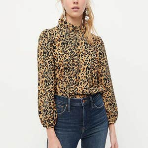 J.Crew Long-Sleeve Ruffle-Neck Top In Leopard 365 Crepe