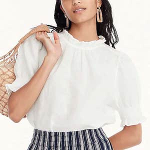 J.Crew Smocked Puff-Sleeve Linen Top