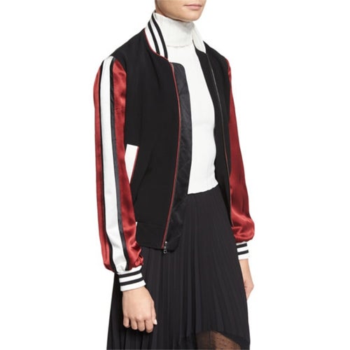 Cinq à Sept Ivy Striped Satin-Sleeve Bomber Jacket